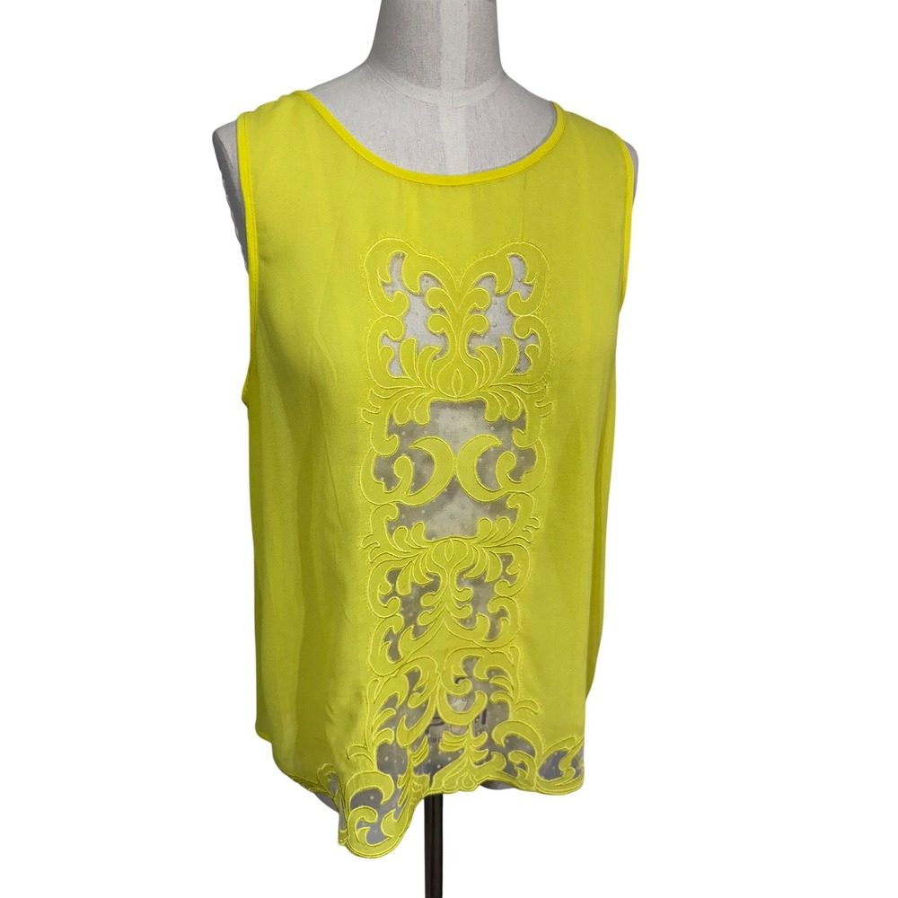 YA Los Angeles L Yellow Tank Top Women's Silk Blend Embroidered Mesh Panel
